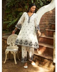 Ivory Embroidered Viscose Chanderi Kurta with Pants- Set of 2