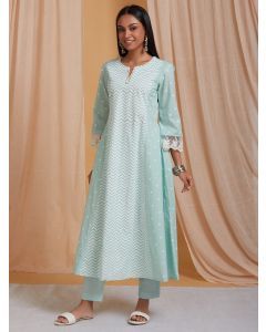 Sea Green Hand Block Printed Cotton Kurta with Pants- Set of 2