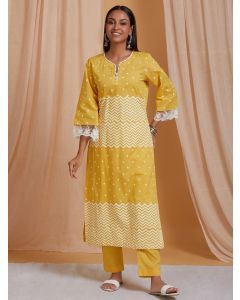 Yellow Hand Block Printed Cotton Kurta with Pants- Set of 2