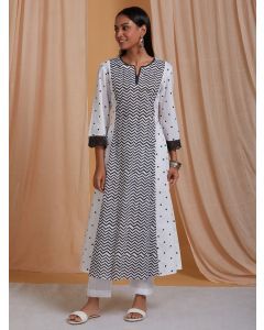 White Black Hand Block Printed Cotton Kurta with Pants- Set of 2