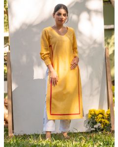 Yellow Patch Embroidered Cotton Linen Kurta with Pants - Set of 2