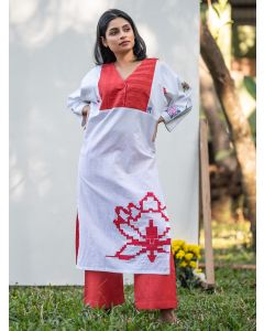 White Red Patchwork Cotton Linen Kurta with Pants- Set of 2