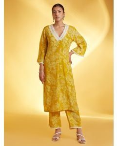 Yellow Printed Cotton Kurta with Pants- Set of 2