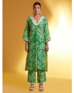 Green Printed Cotton Kurta with Pants- Set of 2