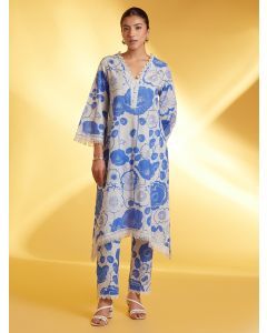 White Blue Printed Cotton Kurta with Pants - Set of 2