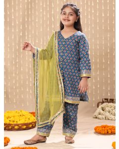 Blue Printed Cotton Suit - Set of 3