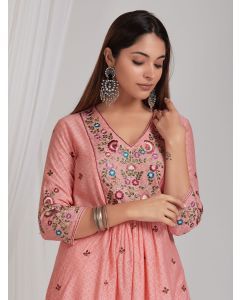 Pink Embroidered   Chanderi Kurta with Pants- Set of 2