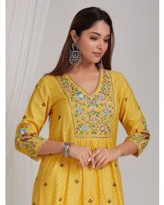 Yellow Embroidered Chanderi Kurta with Pants- Set of 2