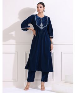 Royal Blue Thread Embroidered Velvet Silk Kurta with Pants - Set of 2