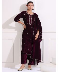 Burgundy Pittan Embroidered Velvet Silk Suit - Set of 3