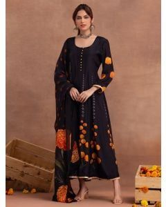 Black Printed Cotton Kurta with Dupatta- Set of 2