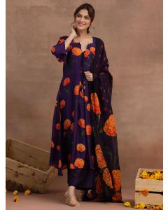 Purple Printed Bemberg Muslin Suit- Set of 3