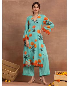 Blue Printed Cotton Kurta with Pants- Set of 2