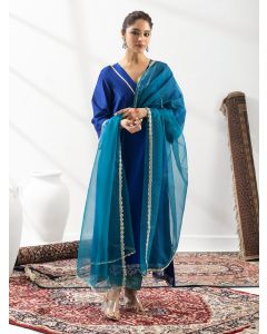 Blue Embroidered Chanderi Suit- Set of 3