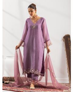 Purple Embroidered Crushed Silk Suit- Set of 3