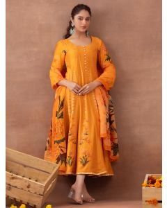 Orange Printed Cotton Kurta with Dupatta- Set of 2