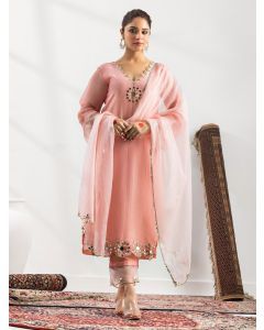 Pink Embroidered Crushed Silk Suit- Set of 3