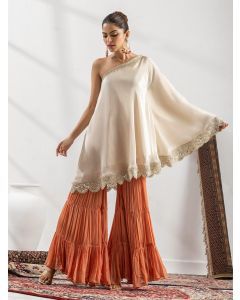 Off White Lace Work Tissue One Shoulder Kurta with Garara- Set of 2