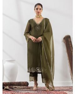 Green Embroidered Crushed Silk Suit- Set of 3