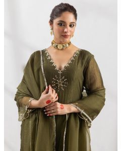 Green Embroidered Crushed Silk Suit- Set of 3