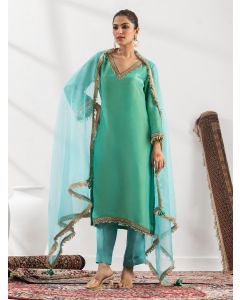 Turquoise Lace Work Tissue Suit- Set of 3