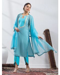 Blue Embroidered Crushed Silk Suit- Set of 3