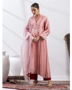 Pink Lace Work Chanderi Suit- Set of 3