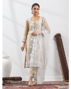 Beige Lace Work Chanderi Suit- Set of 3