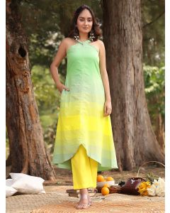 Green Yellow Striped Cotton Kurta with Pants- Set of 2