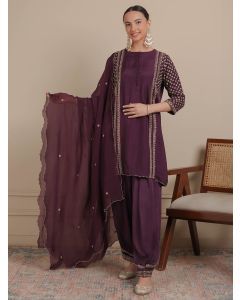 Purple Embroidered Silk Suit- Set of 3