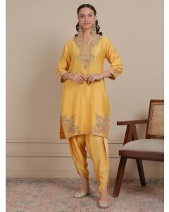 Yellow Thread Embroidered Chanderi Silk Kurta with Tulip Pants- Set of 2