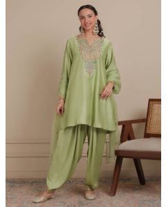 Green Thread Embroidered Chanderi Silk Suit- Set of 3