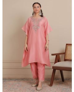 Pink Thread Embroidered Chanderi Silk Kaftan with Slip and Pants- Set of 2