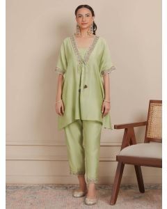 Green Thread Embroidered Chanderi Silk Kaftan with Slip and Pants- Set of 2