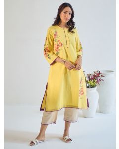 Yellow Hand Block Printed Cotton Linen Kurta with Pants - Set of 2