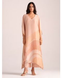 Peach Printed Orgenza Silk Kaftan with Slip and Pants- Set of 2