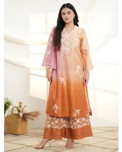 Multicolor Ombre Dyed Chanderi Silk Hand Embroidered Kurta with Palazzo - Set of 2