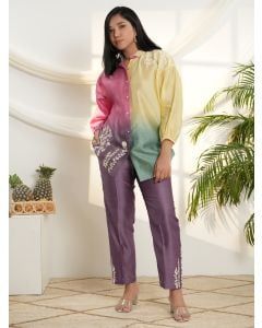 Multicolor Ombre Dyed Chanderi Silk Hand Embroidered Co-ord Set - Set of 2