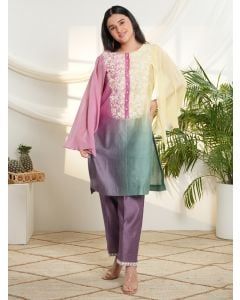Multicolor Ombre Dyed Chanderi Silk Hand Embroidered Kurta with Pants - Set of 2