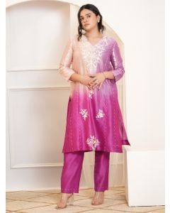 Multicolor Ombre Dyed Chanderi Silk Hand Embroidered Kurta with Pants - Set of 2
