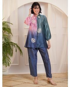 Blue Pink Ombre Dyed Chanderi Silk Hand Embroidered Co-ord Set - Set of 2