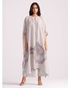 Grey Printed Organza Silk Kaftan with Slip and Pants- Set of 2