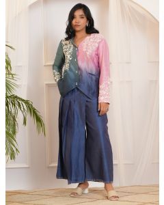 Blue Pink Ombre Dyed Chanderi Silk Hand Embroidered Co-ord Set - Set of 2