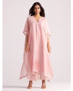 Pink Printed Organza Silk Kaftan with Slip and Pants- Set of 2