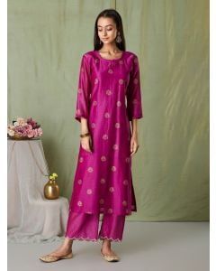 Magenta Hand Block Printed Chanderi Kurta with Scalloped Pants - Set of 2