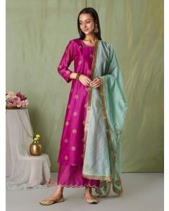 Magenta Hand Block Printed Chanderi Suit with Sea Green Embroidered Dupatta - Set of 3