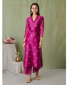 Magenta Hand Block Printed Chanderi Embroidered Kurta with Scalloped Pants - Set of 2