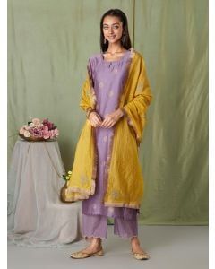 Lavender Hand Block Printed Chanderi Suit with Mustard Yellow Embroidered Dupatta - Set of 3