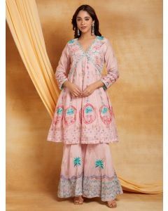 Pink Chikankari Cotton Chanderi Kurta with Sharara- Set of 2