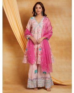 Pink Chikankari Cotton Chanderi Suit- Set of 3